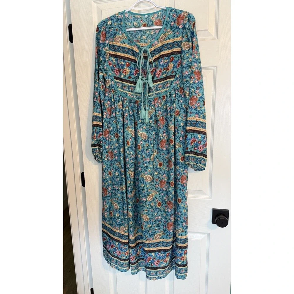 Y2K Blue Floral Tassel Tie Long Sleeve Cottage Bohemian Womens Midi Dress Sz M